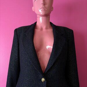Vintage 80s S JNY Navy Blue Gold Blazer Tweed Single Breasted Glam Suit Jacket